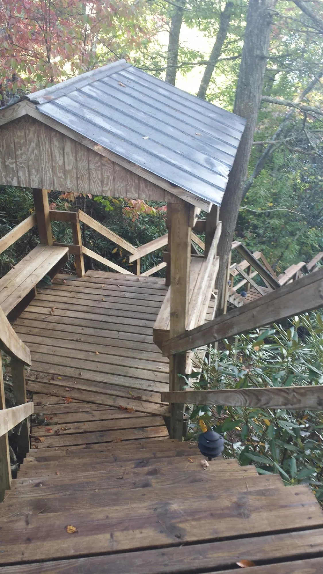 Metal roofed shelter over wooden steps on a wooded walkway — Skylight Repair & Installation work by our crew in Barry